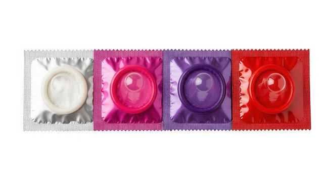 Four colorful condom packets in a row isolated on transparent background