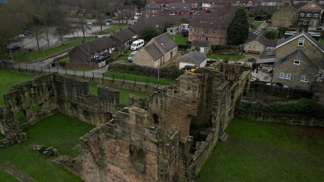 Serene Static Aerial of Monk Bretton Priory Medieval Ruins, Peaceful Morning Light over Ancient Stone, 4K