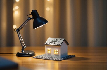 Fototapeta premium Warm desk lamp shines on a cozy LEGO house glowing windows hinting at