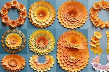 Fototapeta premium Paper flowers in vibrant orange and yellow hues arranged artistically.