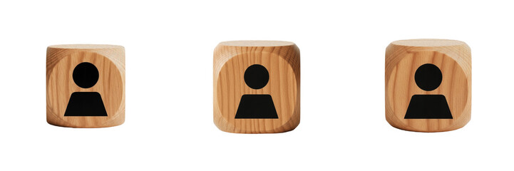 3D Wooden Cube User Profile Icon, Wooden Account Avatar Symbol, Timber Person Membership Block, Human Resource Contact Sign, Profile Wood Cube, Isolated on White Background, PNG