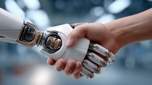 Handshake of Tomorrow: A compelling image portraying the fusion of humanity and technology, as a robotic hand clasps a human hand in a gesture of collaboration and progress.
