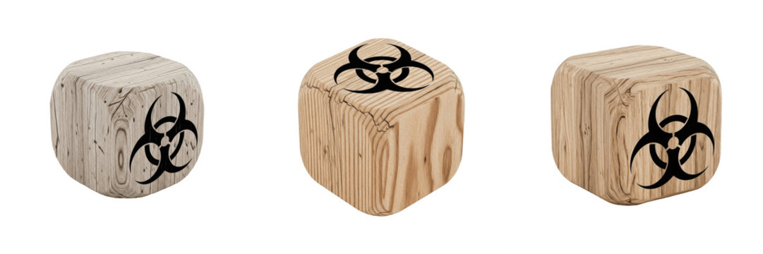 3D Wooden Cube Biohazard Icon, Wooden Biological Hazard Warning Symbol, Timber Toxic Waste Danger Block, Medical Infection Safety Sign, Isolated on White, PNG