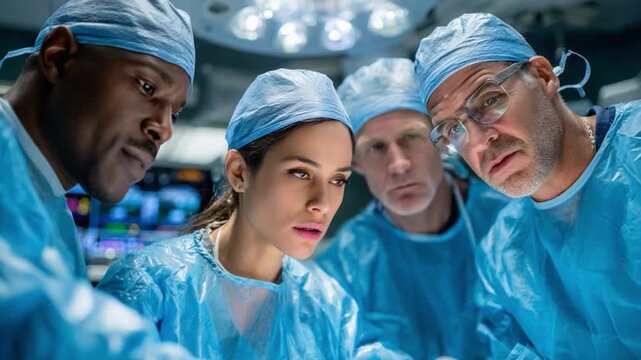 Focus and Precision: A surgical team, clad in sterile attire, intently focused on a delicate medical procedure within the sterile confines of an operating room.