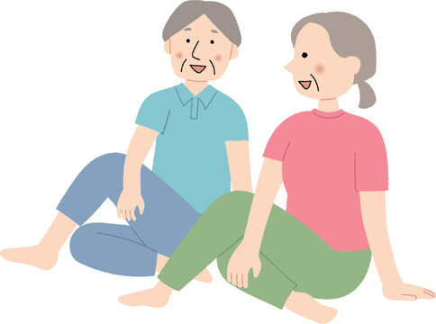 一緒に運動するシニア夫婦のストレッチイラスト