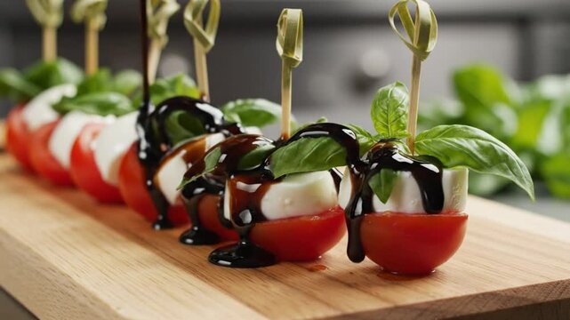 Delicious caprese salad appetizers on wooden board with fresh basil and balsamic glaze