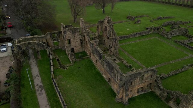 Tranquil Bird's Eye View of Monk Bretton Priory Surrounded by Green Fields, Barnsley UK, Static 4K