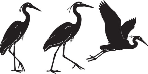 Fototapeta premium Heron silhouette collection isolated on white background vector set.