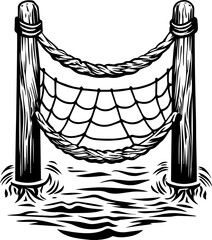 Fototapeta premium SVG skeleton workers building docks tattoo design vector. Wooden Net with Ropes and Water Background in Black and White Style