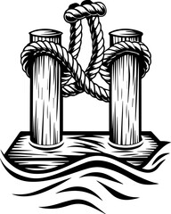 Fototapeta premium SVG skeleton workers building docks tattoo design vector. Rope Tied Around Wooden Poles on Water with Detailed Illustrations