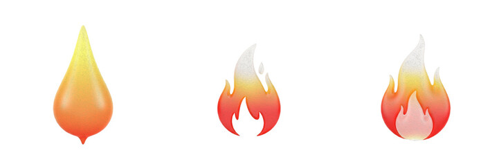 Obraz premium 3D Glossy Fire Icons Set, Realistic Plastic Red and Yellow Flame Symbols Isolated on White Background, Soft Shaded Burning Heat Elements, Minimalist Hot Blaze Shapes, PNG Asset
