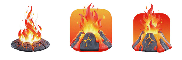3D Volcano and Fire Icons Set, Erupting Lava Mountain with Flaming Heat Symbols Isolated on White Background, Realistic Magma and Burning Crater Elements, Hot Blaze Shapes, PNG Asset © Muusop