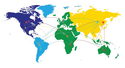 Obraz premium Colorful global business connection vector illustration showing worldwide logistics and transportation routes connecting major continents