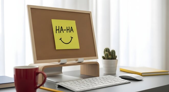 A humorous workspace with a computer and a corkboard displaying a smiley note