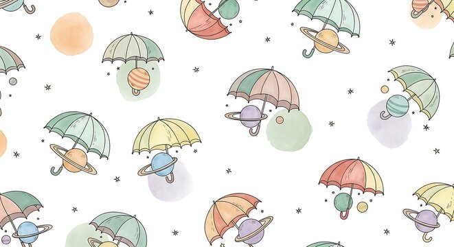 Whimsical illustration of cartoon bears holding colorful umbrellas on a white background with raindrops and sunshine