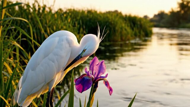 Graceful white egret preening beside a vibrant purple iris flower with a peaceful river backdrop at sunset