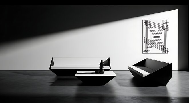 A modern interior scene with abstract furniture and art in a minimalist room with dramatic lighting.