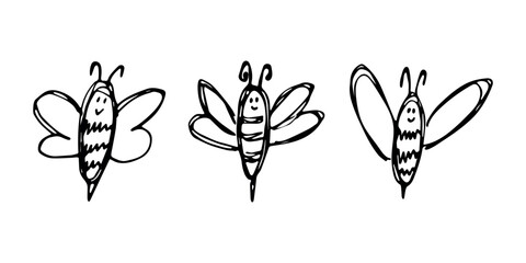 Set of hand drawn happy funny cute honey bee clipart Adorable flying striped insect friendly kawaii bumble bee For kids print, web, design, decor, logo © Daria Shane