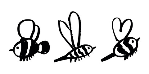Set of hand drawn happy funny cute honey bee clipart Adorable flying striped insect friendly kawaii bumble bee For kids print, web, design, decor, logo © Daria Shane
