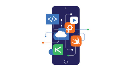 Modern vector illustration of a smartphone displaying various interconnected icons representing mobile app development and cloud technology.
