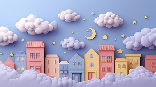 Children's wallpaper featuring a concept art. clouds and stars in a whimsical setting. Empty copy space for kids products