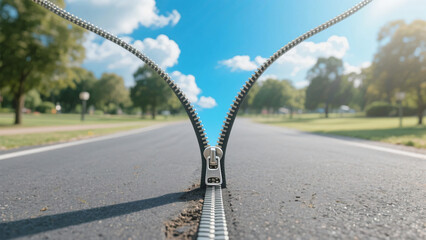 アスファルトの道路が巨大なジッパーで開かれその隙間から鮮やかな青空が覗いているシュールな風景