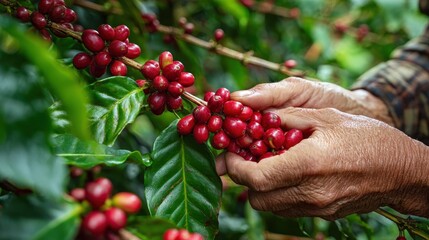 Hand picks ripe red coffee cherries on lush green plant.
