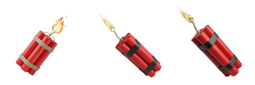 Burning Dynamite Bundle PNG Isolated on White Background, Flaming Red TNT Explosive 3D Icon, Hot Magic Fire Bomb for Game Design and Action SEO