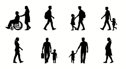 A group of people walking together in various poses and silhouettes on a white background
