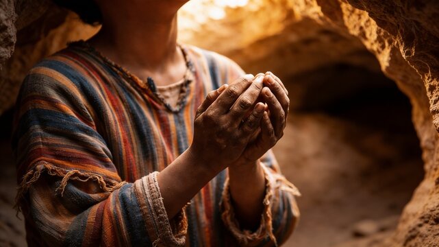 Biblical Joseph in a colorful tunic praying in a dark stone pit illuminated by a divine ray of light. Faith, hope and religion concept.