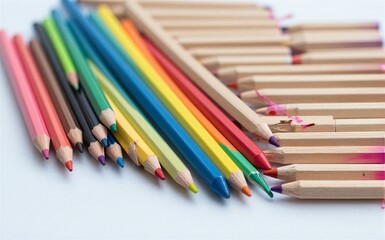 Colorful pencils lined up wooden barrels blurred in background.