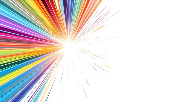 Dynamic abstract illustration of a vibrant light burst, featuring radiant colorful spectrum rays expanding from a glowing core on a pristine white background