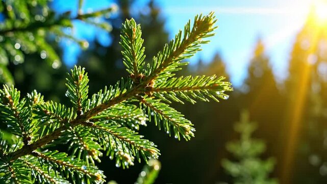 Close-up of a vibrant spruce branch glistening in the sunlight with a bright blue sky background.