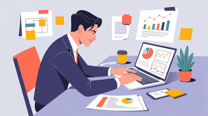Naklejka premium Vector illustration of businessman working on laptop with office supplies