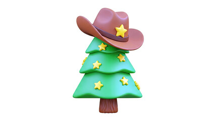 3D Cartoon Christmas Tree with Cowboy Hat and Stars