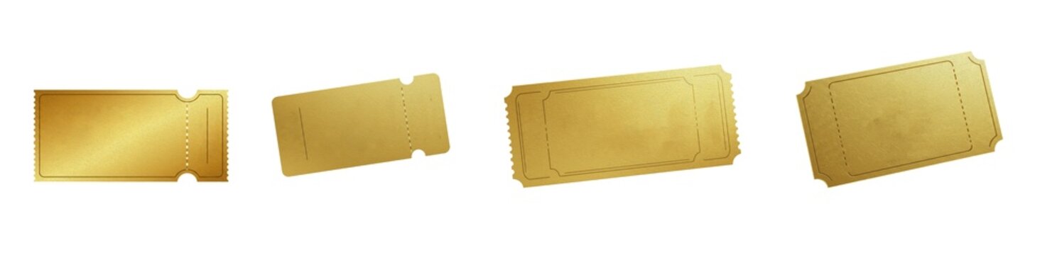 Set Of Golden Tickets Isolated On White Background, Blank Gold Coupons And Vouchers Collection In Various Angles, Premium Reward PNG Graphic Design Assets