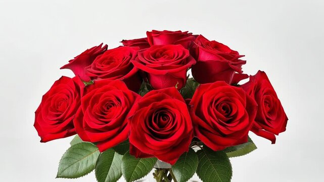 Elegant bouquet of fresh red roses with green leaves in a clear glass vase isolated on white background
