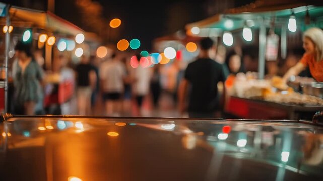 Night street market scene with blurred people and colorful bokeh lights in urban nightlife