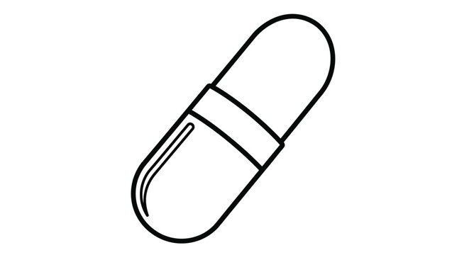 Simple line drawing of a capsule shaped pill isolated on a white background