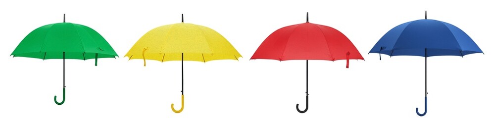 Set Of Colorful Umbrellas Isolated On White Background, Green Yellow Red And Blue Open Parasols Collection, Weather Protection Accessories PNG Graphic Assets © Dag