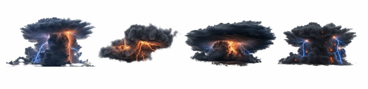 Set Of Thunderstorm Clouds Isolated On White Background, Dark Stormy Clouds With Realistic Lightning Bolts, Heavy Rain Weather Elements PNG Graphic Asset Collection