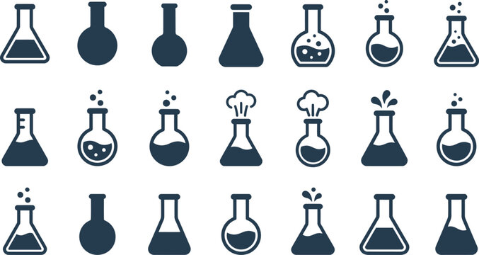 A diverse set of minimalist science lab flask and beaker icons representing various chemical reactions.