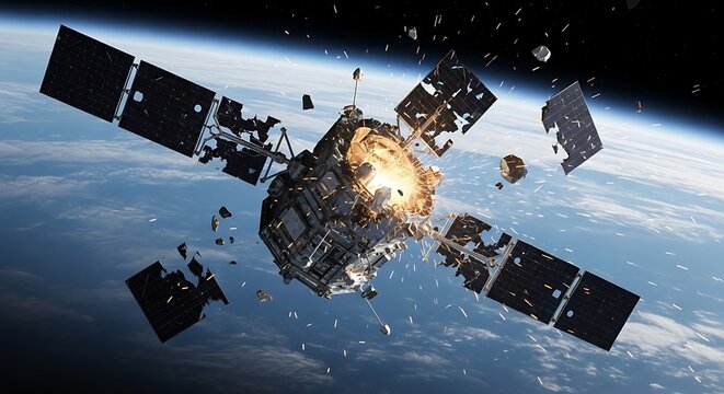 Dramatic illustration of a satellite suffering a catastrophic explosion in Earth's orbit, spewing dangerous debris into space and contributing to the growing problem of space junk