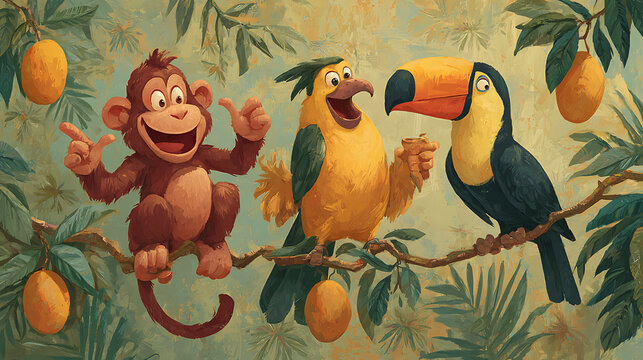 Playful monkey and tropical birds perched on a branch with ripe mangoes