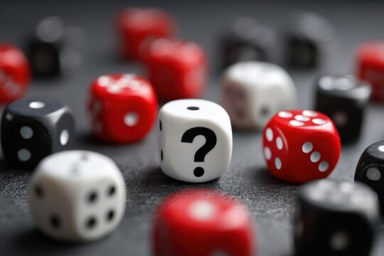 Dice of Uncertainty: A close-up shot presents a scattered arrangement of dice on a dark surface, one bearing a prominent question mark, symbolizing choices and chance. 