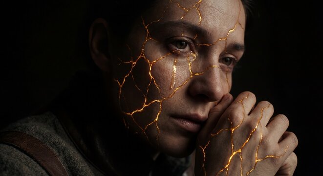 A portrait of a person with glowing golden scars beneath their skin, a beautiful conceptual metaphor for hidden pain, healing, and inner strength.