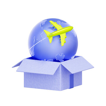 3D illustration of an open box containing a globe with airplane, worldwide shipping features, air cargo services, cross-border trade dashboards, and export user interfaces.