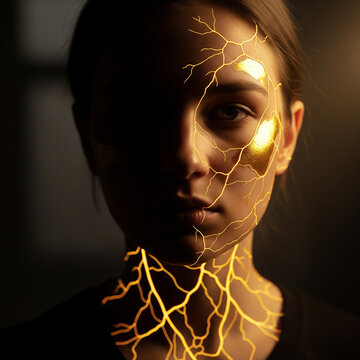 A portrait of a person with glowing golden scars beneath their skin, a beautiful conceptual metaphor for hidden pain, healing, and inner strength.