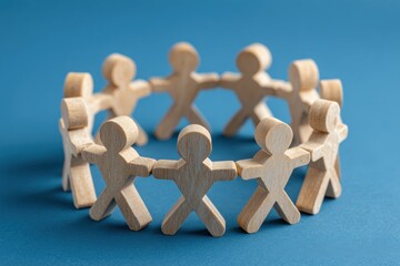 Obraz premium Circle of Unity: A symbolic wooden figures stand together in a circle, arms interlocked, symbolizing unity, teamwork, and a sense of community. The figures are placed on a contrasting surface.