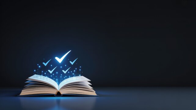 A brightly glowing open book on a dark reflective surface emitting blue digital checkmarks and information streams symbolizing kno